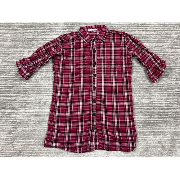 Maurices Top Womens Medium Pink Metallic Plaid 3/4 Sleeve Button‎ Up Casual - Picture 1 of 12